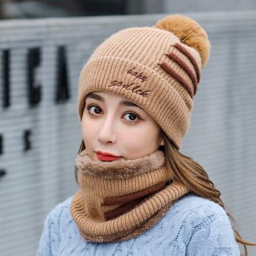 Womens winter thickening plus velvet striped knitted hat winter cycling leisure warm woolen hat bib one