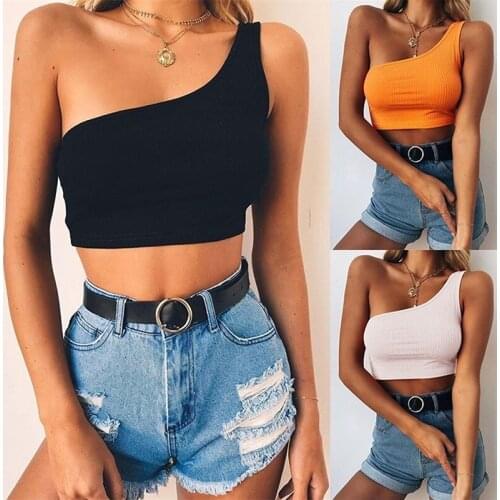 Women Sexy Cool Single One Shoulder Tank Tops Vest Bare Midriff Sleeveless T-Shirt Summer Beach Crop Top