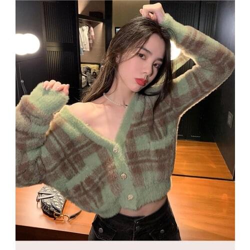 Vintage Mohair Knitted Cardigans Sweater Women Harajuku Lazy Style Ladies V-Neck Button Fuzzy Plaid Cardigan Fluffy Knitwear Top