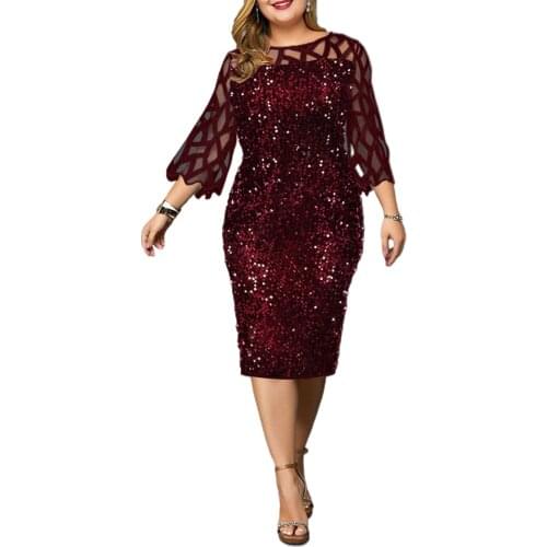 Casual Elegant Dress Women O Neck 3/4 Sleeve Sheer Patchwork Shiny Sequins Bodycon Party Knee-length Dress