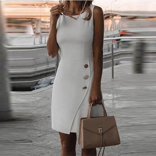 Ladies summer 2021 sleeveless bag palace dress solid color commuter banquet dress round neck sexy button-shaped dress vestidos