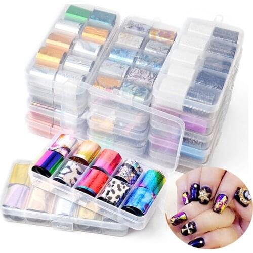 10pcs/set 2.5*120cm Mixed Design Holographic Nail Art Transfer Foil Stickers Starry AB Color UV Gel Decals DIY Nail Art Deco