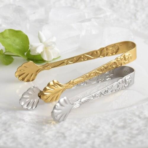 2Pcs Stainless Steel Ice Cube Clips Sugar Tongs Foods Clips Kitchen Serving Tong Embossed Rose Ice Cube Clamp