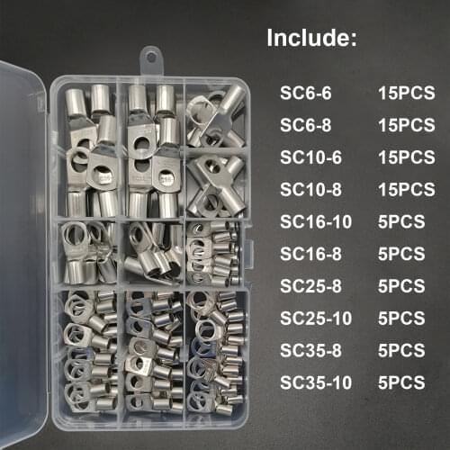 90PCS 6-35mm² Multi-size Terminals Battery Wire Welding Cable Connectors Kit Bolt Hole Tinned Cable Lugs