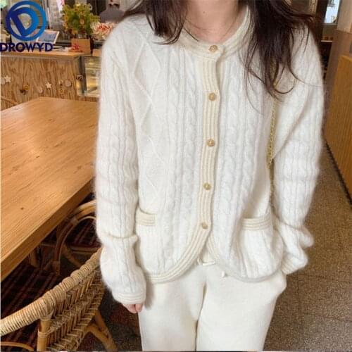 White Knitted Cardigan Womens 2021 Spring and Autumn Small Fragrance Wind Lazy Twist Mohair Single-breasted Sweater Coat Jacket
