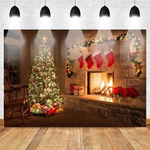 Christmas Party Photography Backdrops for Photo Studio Christmas Trees Fireplace Warm Light Background Winter Sock Family Party