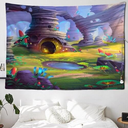 Cartoon Illustration Tapestry Dreamy Magical Valley Hanging Wall Tapestries Psychedelic Fairy Tale Forest Wall Hanging