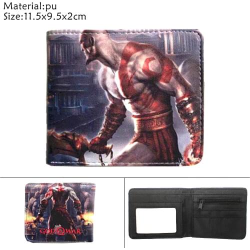 Game God of War Kratos PU Wallet Cartoon Mens Womens Zip Coin Pocket Short Bifold Photo Card Holder Layers Leather Purses Gift