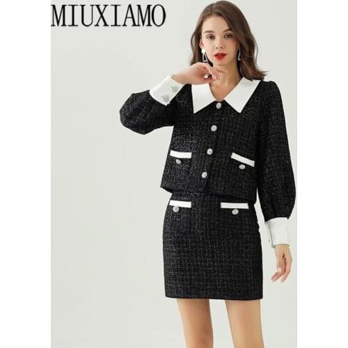MIUXIMAO 2020 High Quality Autumn Two piece set Fashion Long Sleeve Diamonds Jacket+ Dress Office Lady Suit Women