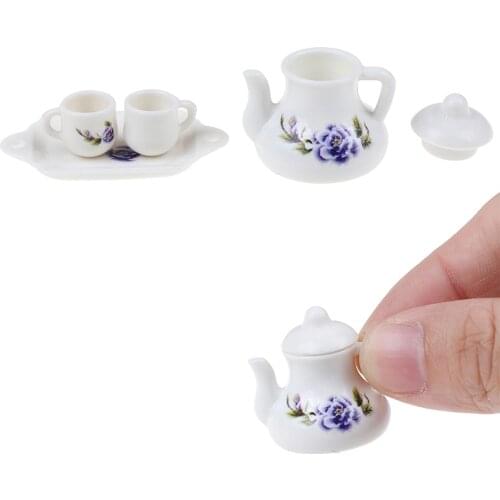 1:12 Miniature 4Pcs Porcelain Tea Cup Set Chintz Flower Tableware Kitchen Dollhouse Furniture Toys For Children
