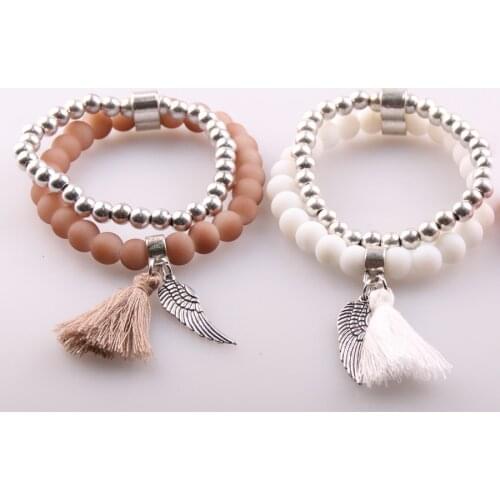 New Arrive 8mm matt Glass beads bracelets with Alloy wing & tassle charm women Stretch Bracelet 4 color available