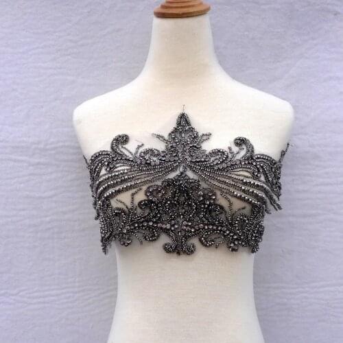 Clothing dress appliques 1 piece New heavy handmade Rhinestones grey lace triming big patch wedding dress Accessories 23X45cm