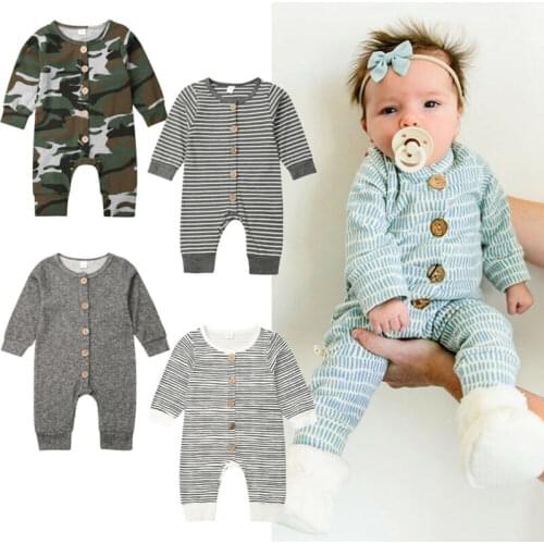 Cotton Newborn Baby Boy Girl Autumn Clothes Long Sleeve Button Romper Jumpsuit Clothes Outfit Playsuit
