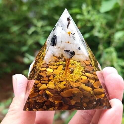 6 cm Ogan Pyramid Natural Crystal Tiger Eye Stone and Black Spot Moonstone Resin Ogan Energy Gold Tower