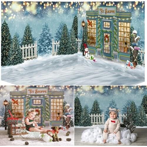 Christmas Photography Background Christmas Tree Snow Scene Golden Bokeh Toys Shoppe Child Party Decoration Prop Banner Studio