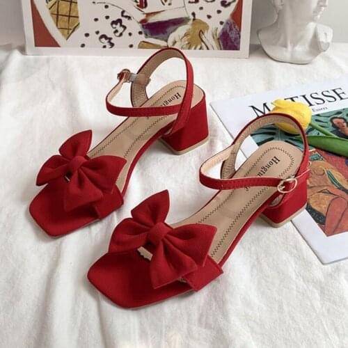 Bow Sandals Womens Summer 2021 New Net Red Temperament In Thick with All-match Word with Roman Retro Female Sandals