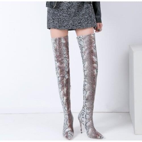 Sestito The Newest Woman Sexy Snakeskin Print Pointed Toe Over-the-knee Boots Ladies Side Zipper Thigh High Heels Dress Shoes