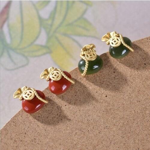 Natural Hetian Jasper Yuan Bao purse Earrings Chinese retro court style elegant ancient noble women accessories