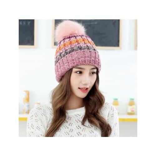 Korean version of the large wool ball mixed color knitting outdoor thick wool cap warm autumn winter lady hat factory direct