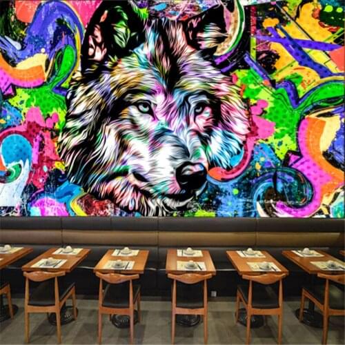Modern Fashion European and American Wall Papers Mural Graffiti Colorful Wolf Indoor KTV Background Wallpapers Industrial Decor