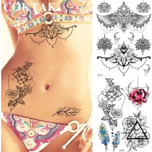 Geometry Flower Lotus Waist Fake Waterproof Henna Flower Temporary Tattoos Stickers Women Moth Black Tattoo Girls Body Art Tatoo