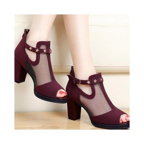 Women Pumps High Thick Black Heels Ladies Shoes Rivet Mesh Zipper Open Toe Casual Party Wedding Platform Chunky Sandal