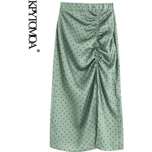 Vintage Elegant Polka Dot Pleated Midi Skirt Women 2020 Fashion Elastic Waist Side Zipper Slit Female Skirts Chic Faldas Mujer