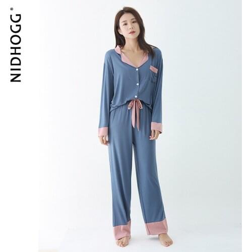 Womens Long Sleeve Pajamas Autumn Contrast Color Lapel Cardigan Pants Home Wear Modal Loungewear Sleepwear Two Piece Pijama Set