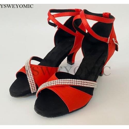 Woman Red Rhinestone Dance Shoes for Latin Ballroom Tango Dancing Shoes Women Soft Bottom Party Wedding Dance Sandals EU 34-44
