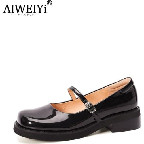 AIWEIYi British Style Round Toe Mary Jane Shoes Black Flat Single Shoes Female Cute Patent Cow Leather Shoes