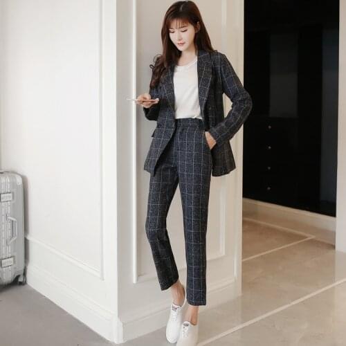 2020 Autumn New Womens Two Piece Sets Korean Casual Solid Plaid Slim Double-breasted Female Blazer Set Office Lady Pants Suits