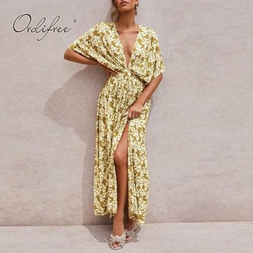 Ordifree 2021 Summer Women Boho Maxi Dress Women Floral Long Dress Short Sexy Split Tunic Beach Dress