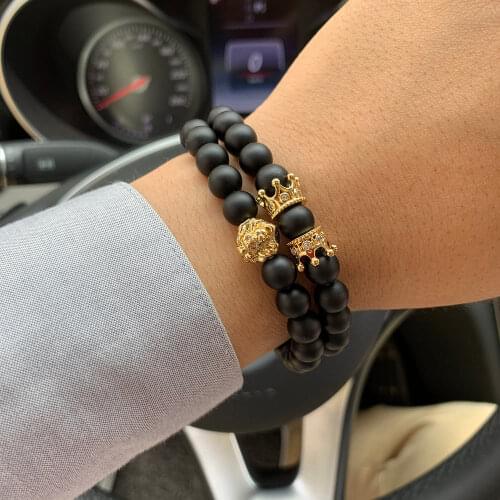 2pcs/set Men Bracelet Set CZ lion king crown charms Natural stone Beads Punk Bracelets & Bangles for men Jewelry friendship Gift