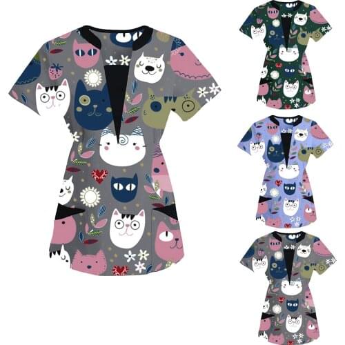 2021 Medical Uniforms Women Short Sleeve V-neck Tops Work Uniform Print Patchwork Pocket Blouse Cartoon Print медицинский костюм
