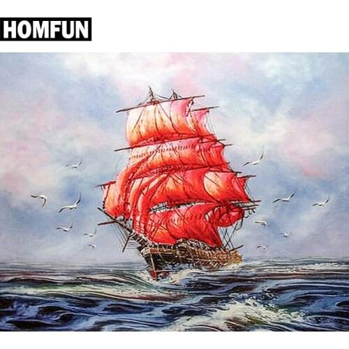 HOMFUN Full Square/Round Drill 5D DIY Diamond Painting "Red sailboat" Embroidery Cross Stitch 5D Home Decor Gift