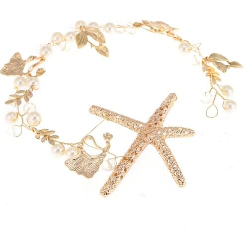Antique Gold Crystal Fish starfish pearl conch shells bride jewelry marriage studio crown headdress wedding hair accessories
