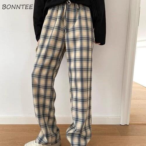 Casual Pants Women Basic Plaid Wide Leg Ulzzang Trousers Students Simple Trendy Streetwear All-match Harajuku High Waist Soft