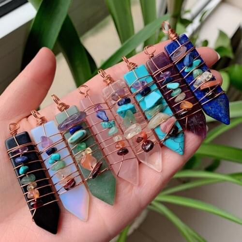 Healing Natural Stone Pendulum Wire Wrap 7 Chakra Pendant Reiki Amethysts Lapis Point Sword Pink Crystal Pendants Women Balance