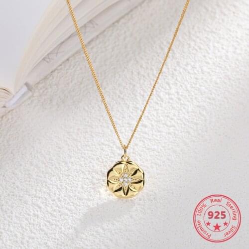 Pure 925 Silver European American New Design Creative Concise Gold Round Sun Flower Pendant Necklace Fine Jewelry