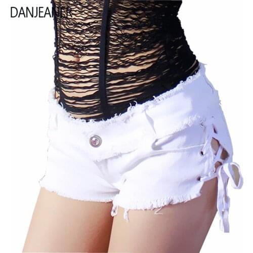 DANJEANER Sexy Summer Denim Ripped Hole Jeans Shorts Women Skinny Low Waist Tassel Elastic Lace Up Bandage Mini Hot Pants