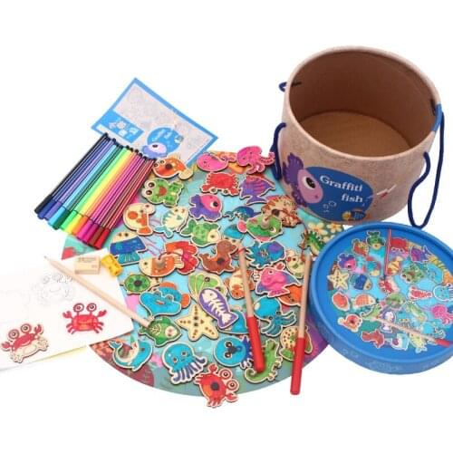 Kids Magnetic Fishing Puzzle DIY Graffiti Montessori Educational Wooden Toys For Children Learning Biology Christmas Magnets Toy