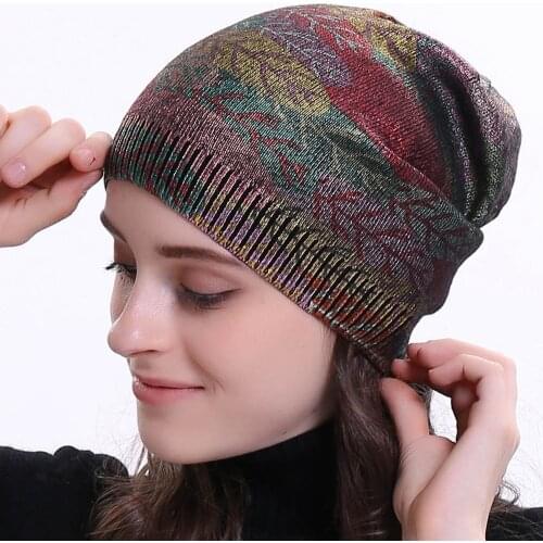 Geebro New Womens Bronzing Cashmere Beanies Hat Casual Spring Wool Knitted Hats Ladies Metallic Color Print Slouchy Beanie Cap