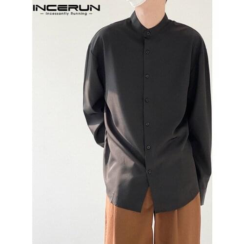 Cotton Men Shirt Stand Collar Streetwear Solid Color Long Sleeve Vintage Casual Shirts Breathable Button Camisas INCERUN S-3XL