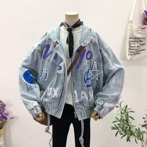 Hip hop Streetwear Korean Letters Print Graffiti Denim jacket Women Autumn Waist lace-up Oversized Couple Jacket Ropa de mujer