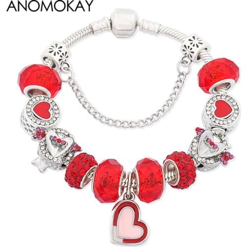 Anomokay HOT Romantic Red Love Arrow Heart Charms Bracelet for Women Girl Gift Cute Red Crystal Bead Bracelet Pulseiras Mujer