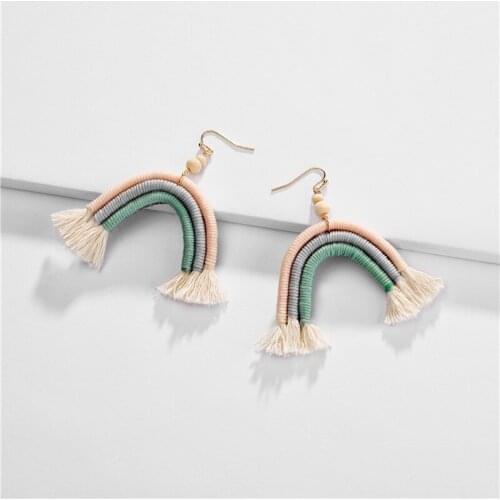 Fashion Jewelry Rainbow Design Dangle Drop Earring Handmade Cotton Thread Braided Boho Statement Earrings for Women