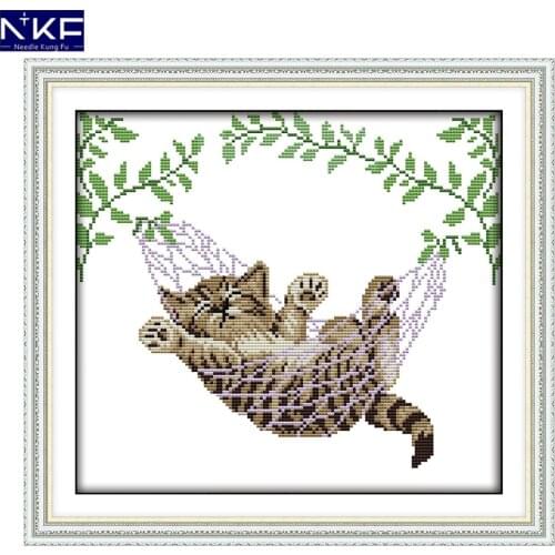 NKF A Cat on A Basket Cross Stitch Set Handmade Craft Needlework Cross-Stitch Embroidery Kit Cross Stitch for Home Decor