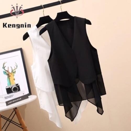 2021 Summer New Asymmetrical Chiffon Women Vest Thin Korean Chic Patchwork Sleeveless Outerwear Plus Size Jackets KE1131