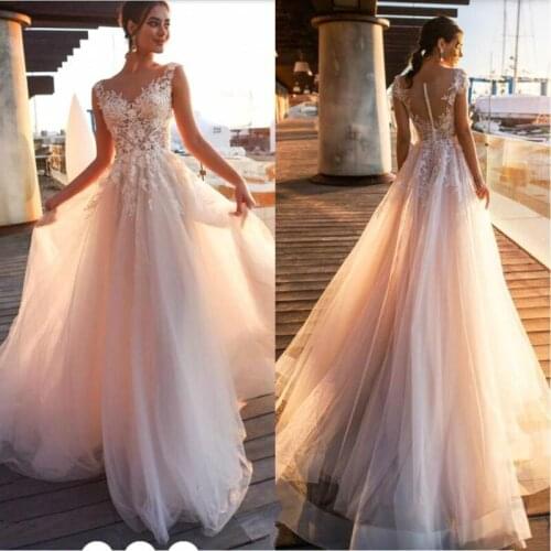 New Beach Country Lace Appliques A Line Wedding Dresses Sheer V Neck Covered Button Tulle Long Bridal Gowns Vestido De Noiva