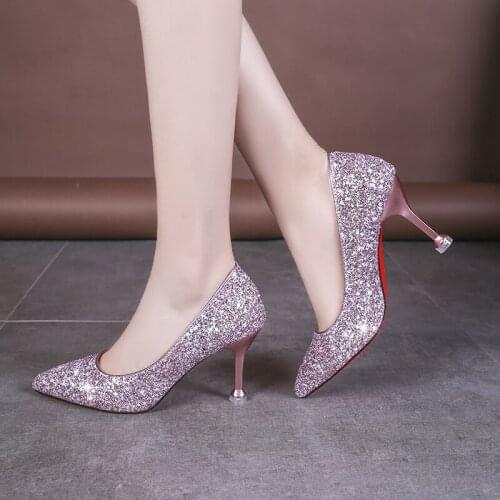 New Style Women Wedding Bride High-heeled Pointy Bridesmaid Gold Powder Crystal Banquet Shoes Lady Bling High Heels